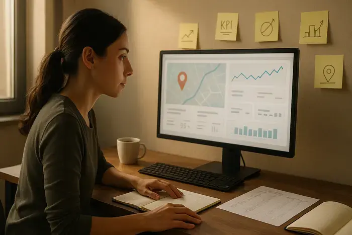 Manager überprüft Rankings, Conversions und lokale Analytics auf Monitor, Tracking-Sheet mit Metriken sichtbar