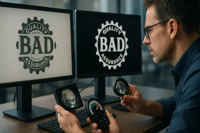 Side-by-side Vergleich eines komplexen, schlechten Logos mit pixeligem Text versus optimiertes klares Shopping-Logo mit perfektem Kontrast auf hellen und dunklen Hintergründen