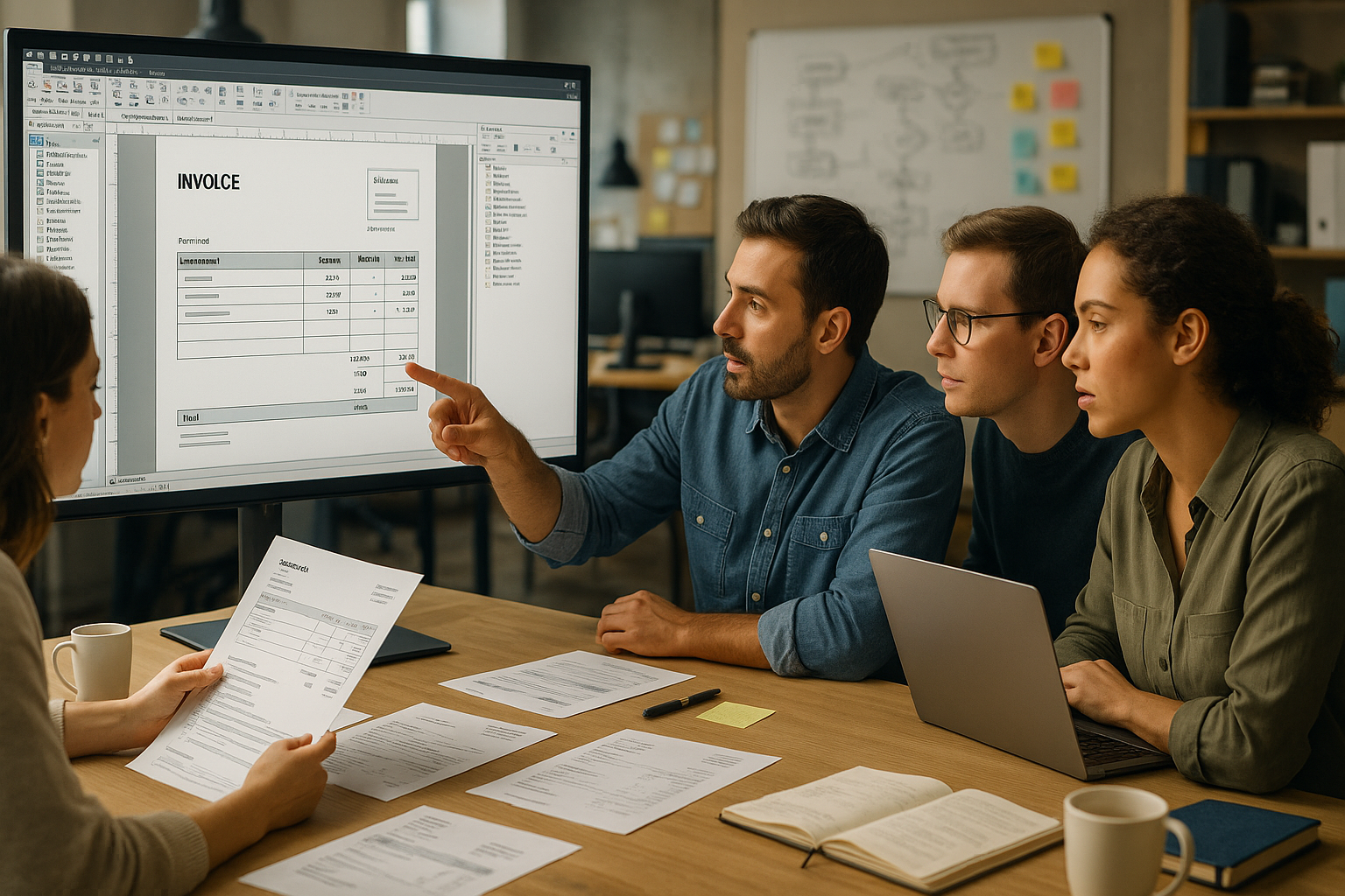 Team von E-Commerce-Mitarbeitern arbeitet gemeinsam an List & Label Editor mit Rechnungsvorlage auf großem Monitor in modernem Büro mit Whiteboards Notizen und Checklisten