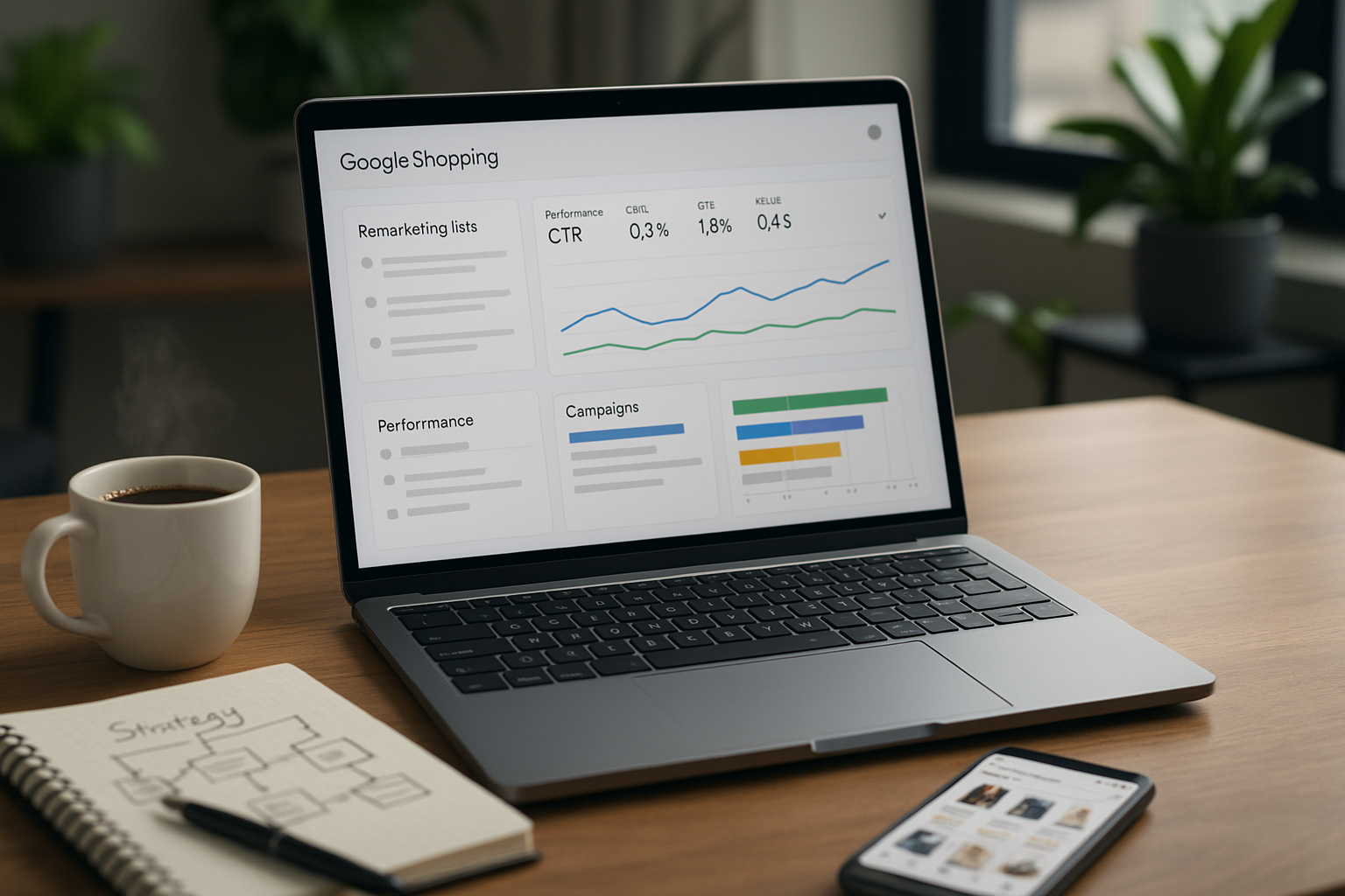 Laptop-Display zeigt Google-Shopping-Dashboard mit Remarketing-Listen und Performance-Kennzahlen neben Kaffeetasse auf Holztisch