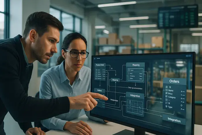 Zwei E-Commerce-Profis besprechen vor großem Monitor mit komplexem Schnittstellen-Diagramm und Artikel-Mappings; modernes Fulfillment-Center mit Paketen im Hintergrund symbolisiert praktische Integration und Systemzuverlässigkeit