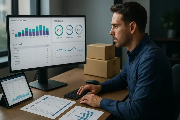 E-Commerce-Manager am Schreibtisch mit Monitor zeigt KPI-Dashboard mit OTIF-Quoten und Fulfillment-Partner-Portal, Versandpakete und Reporting-Charts für transparente Datenanalyse sichtbar