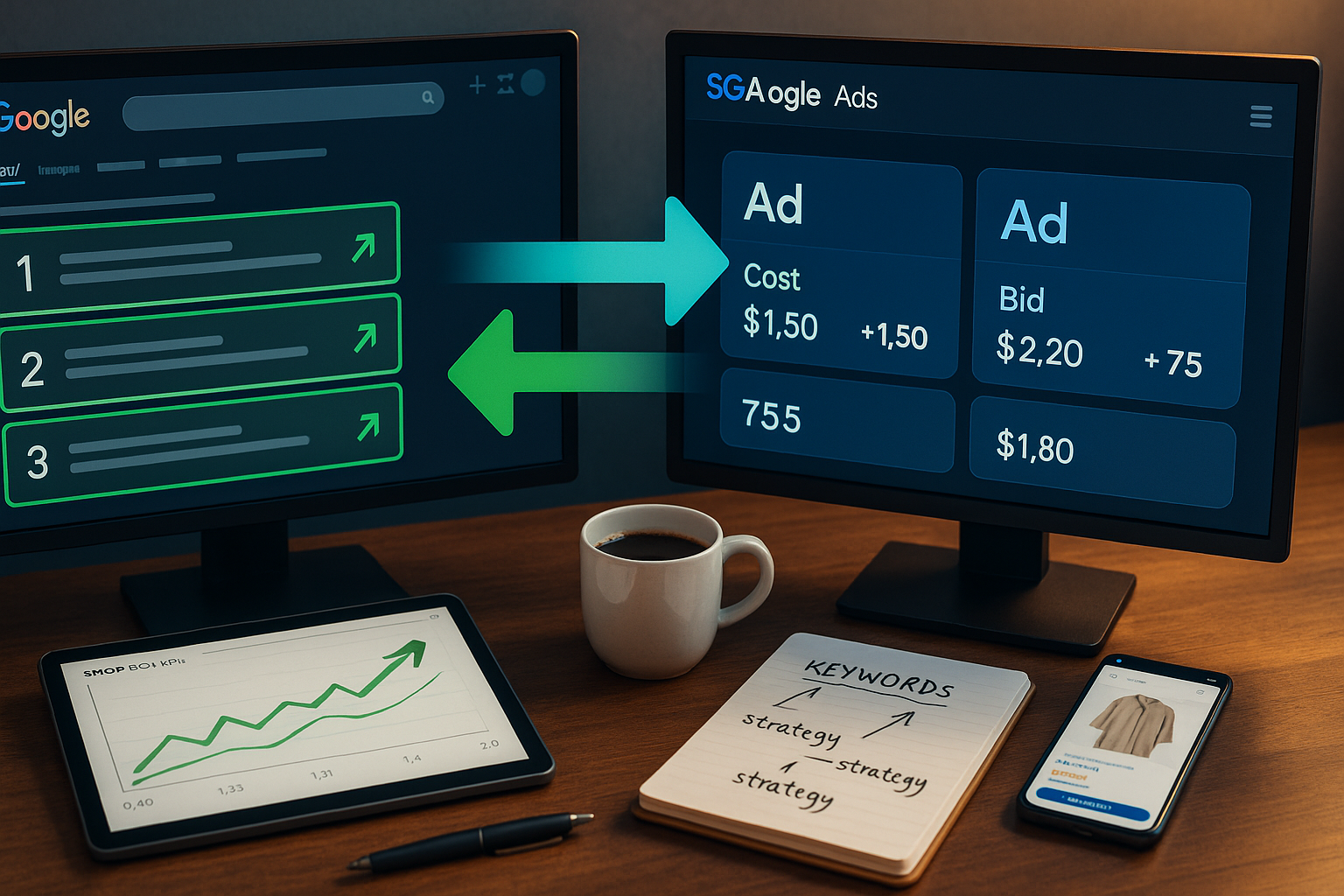 Split-Screen-Darstellung mit links organischem SEO-Wachstum über Monate mit aufwärts gerichteten Kurven und rechts SEA-bezahlter Sichtbarkeit, dazwischen Pfeile der gegenseitigen Verstärkung und sinkender Kosten
