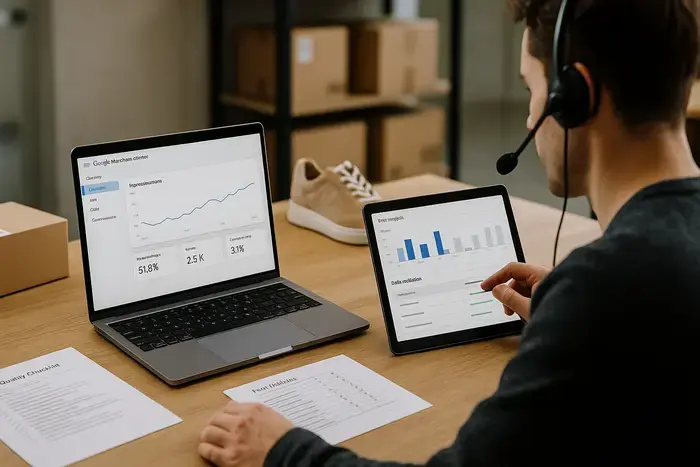 Technische Überprüfung von GA4 Purchase-Events und Conversion-Tracking auf Laptop mit Google Ads Dashboard und Merchant Center-Datenansichten.