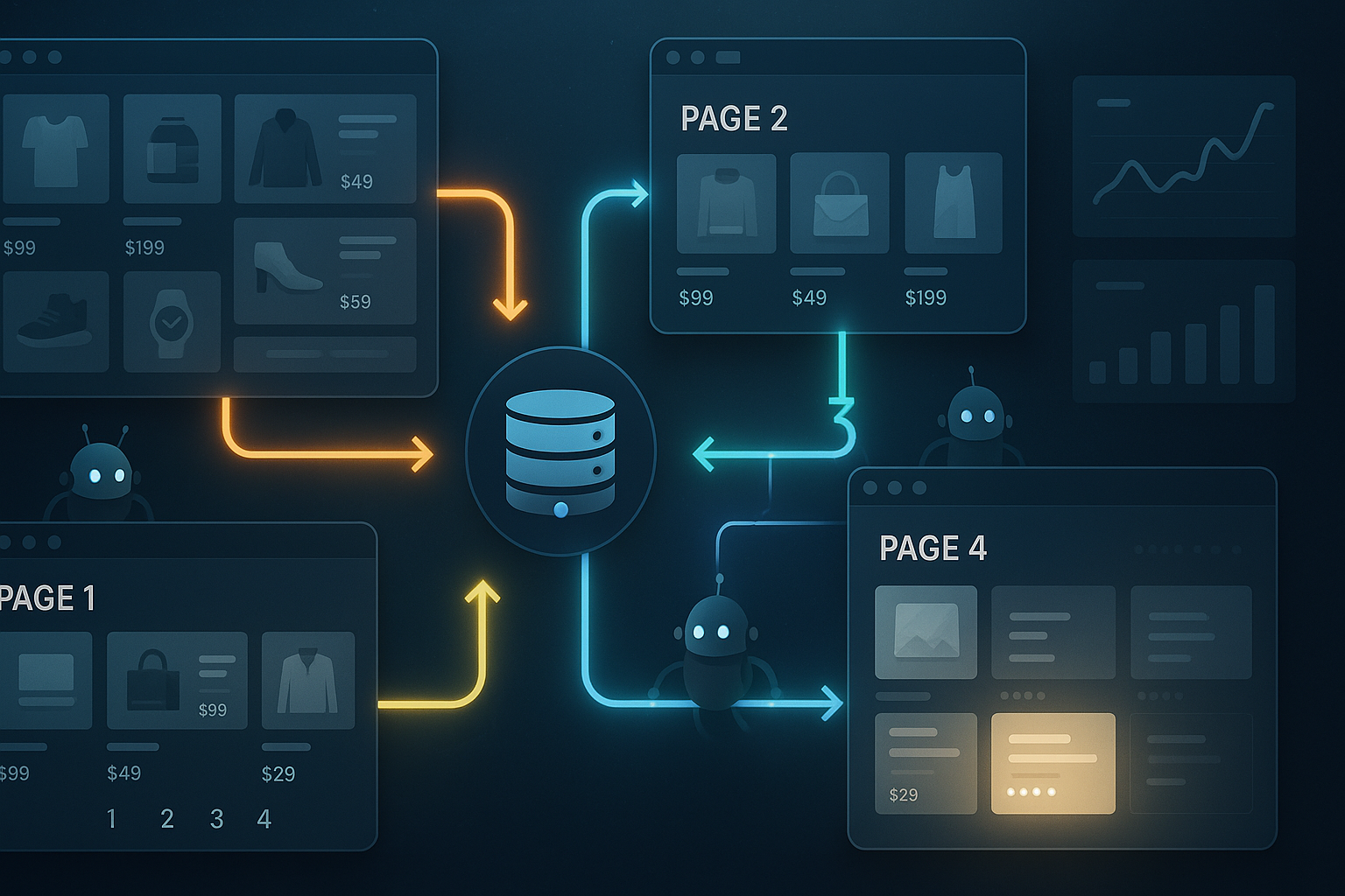 Technische Architektur einer E-Commerce-Pagination: Datenbank mit Pfeilen zu Seiten-Karten (1-2-3-4-5), Lazy-Loading-Lade-Animationen, HTML-Link-Linien, Google-Bot-Symbole beim Crawling