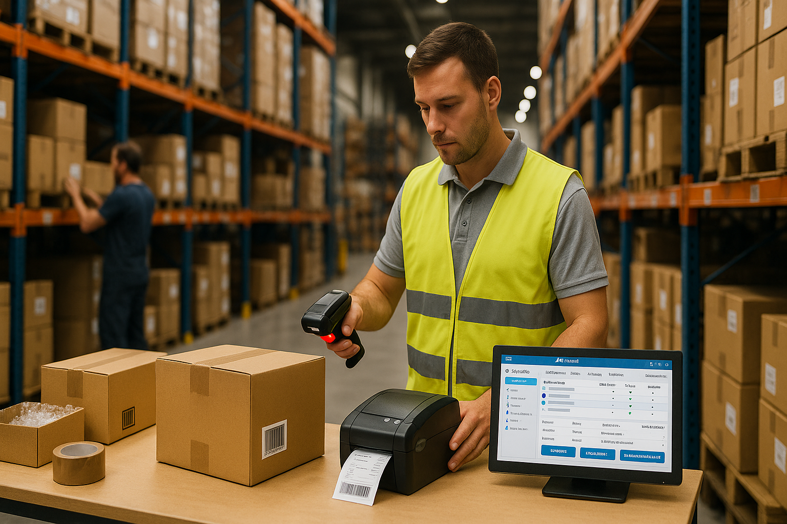 Lagermitarbeiter in moderner Logistikhalle beim Scannen von Paketen mit mobilem Handscanner, im Hintergrund Hochregale mit sortierten Kartons, Packtisch mit Label-Drucker und Versandmaterialien, Bildschirm zeigt JTL-Wawi Packtisch-Oberfläche, warmes Licht von oben, professionelle Versandprozesse im Alltag eines wachsenden Online-Händlers