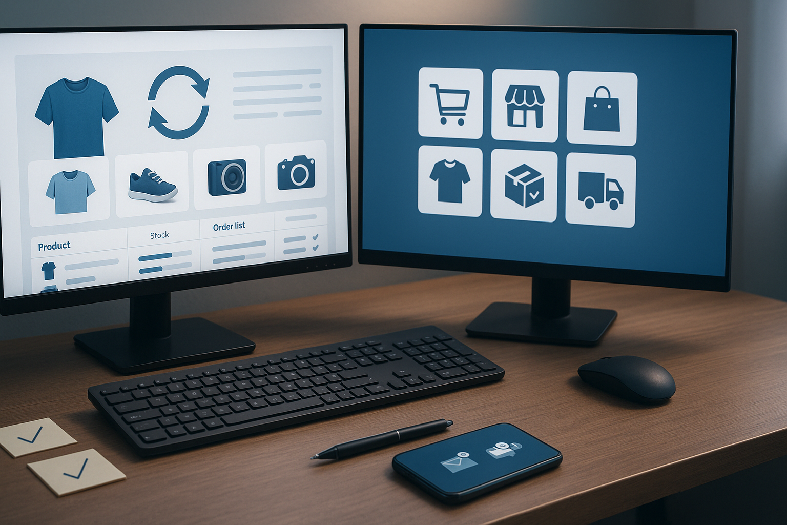 Datenabgleich zwischen Warenwirtschaft und Onlineshop auf zwei Bildschirmen mit Produktdaten und Bestellinformationen