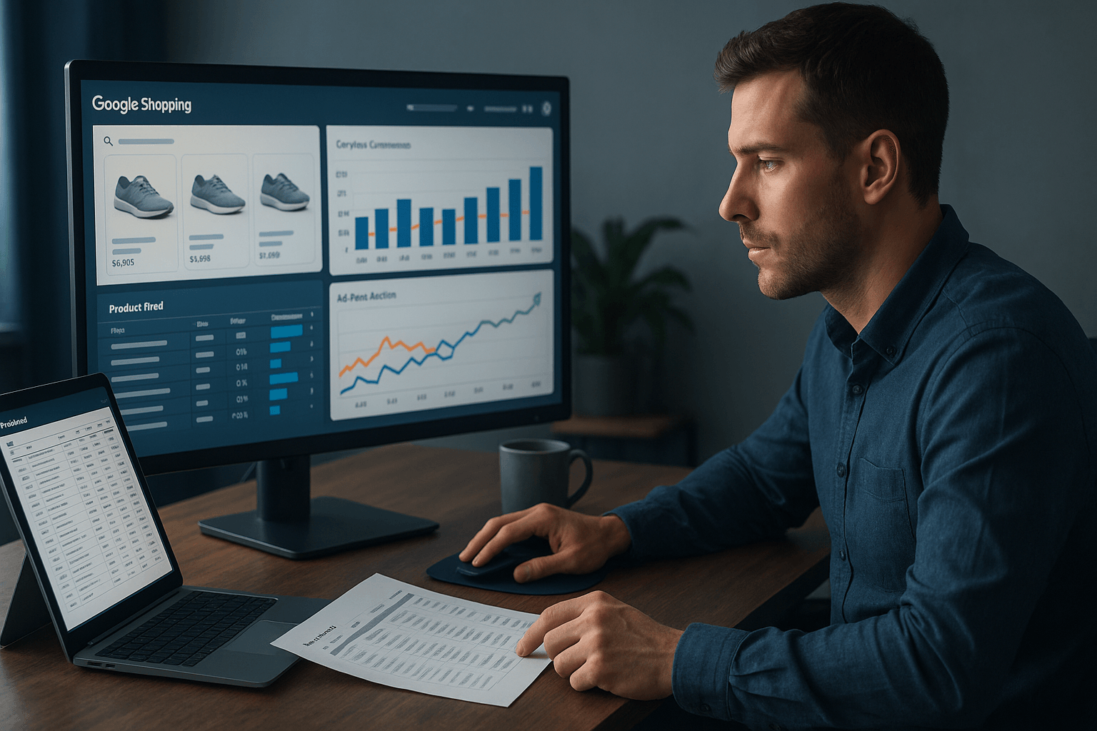 E-Commerce-Analyst sitzt am Schreibtisch mit mehreren Monitoren, analysiert Google Shopping Performance-Reports, Feed-Daten und Optimierungsmetriken.