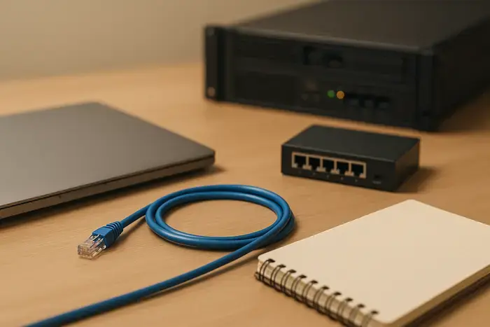 Geordnetes Netzwerkkabel und Switch in einer Serverinfrastruktur