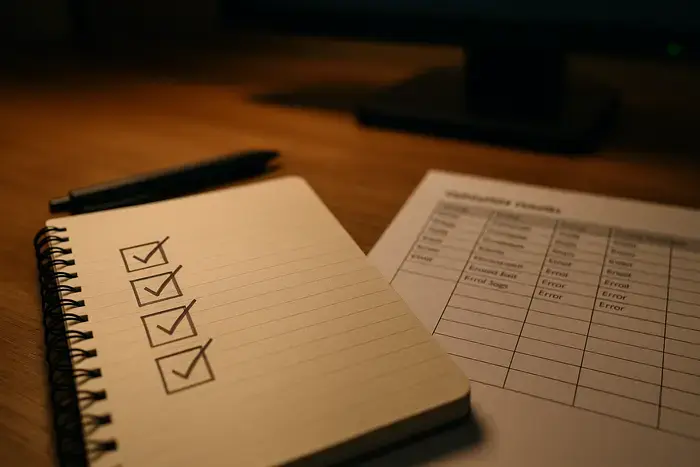 Notizbuch mit Checkliste, Validierungsergebnissen und Fehlerprotokollen auf dem Schreibtisch in konzentrierter Arbeitsumgebung