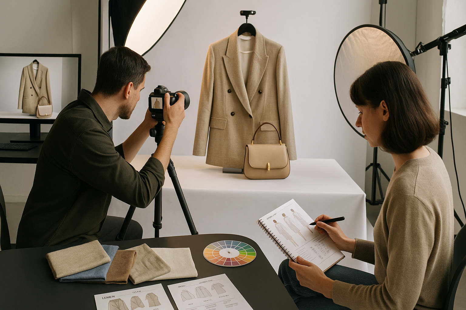 SEO-Strategie-Dashboard für Fashion Ecommerce: Monitor zeigt Ranking-Positionen, organischen Umsatz nach Keyword-Clustern, saisonale Performance-Prognose und Collection-ROI-Analyse