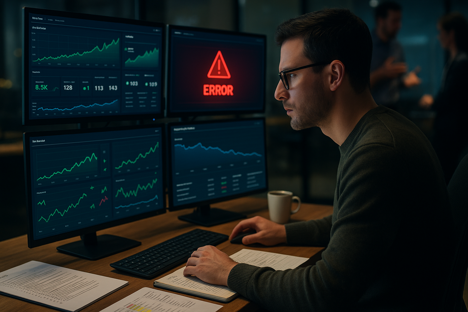 Intensiver Monitoring-Arbeitsplatz mit mehreren Bildschirmen, die Echtzeit-Dashboards, Traffic-Grafiken, Fehler-Alerts und Search-Console-Daten zeigen, Techniker analysiert Daten mit Checklisten und URL-Mapping-Dokumentation auf dem Schreibtisch