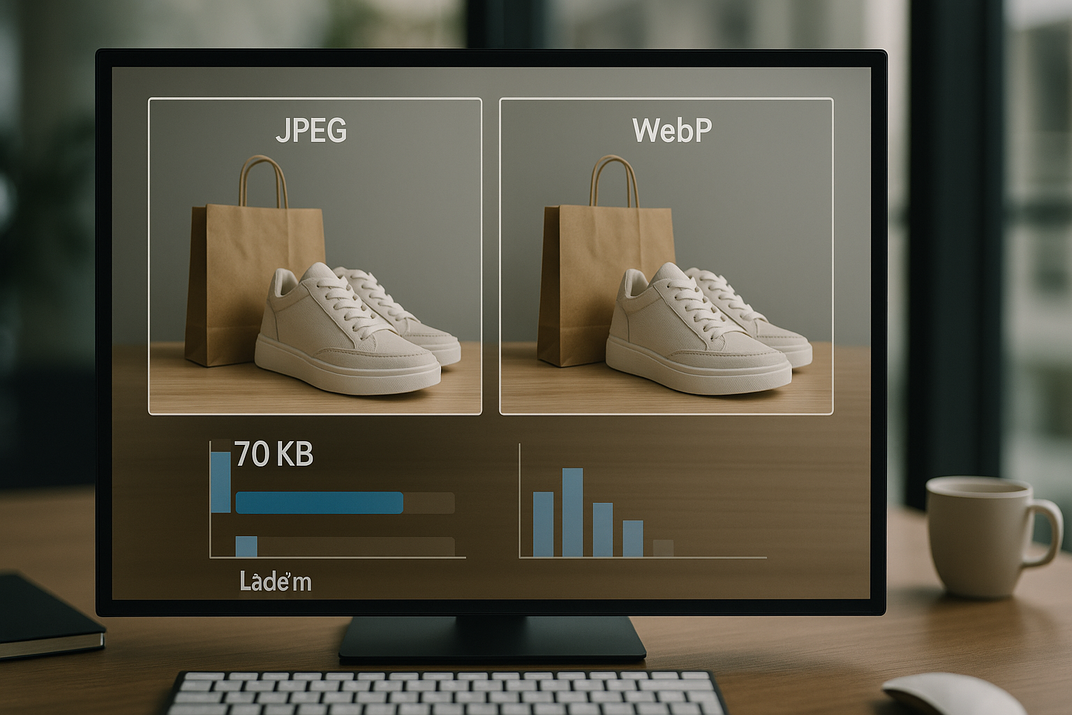 Detaillierte Vergleichsansicht zweier Bildschirmdarstellungen nebeneinander, links ein JPEG-Bild mit größerer Dateigröße, rechts das gleiche Bild als WebP mit kleinerer Dateigröße, im Vordergrund dezente Diagramme zu Ladezeiten, natürliche Beleuchtung