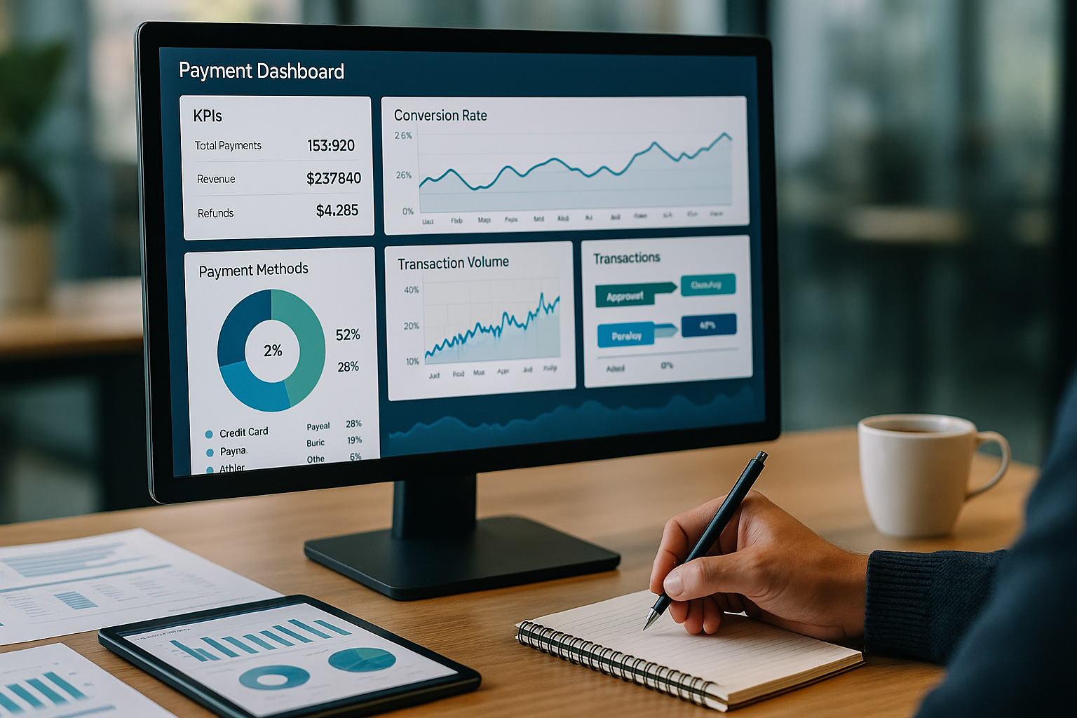 Detailansicht eines modernen Dashboards auf einem großen Monitor, das Payment-KPIs, Conversion-Raten, Transaktionsströme und Zahlarten-Auswertungen zeigt, Person analysiert Daten mit Notizen, helle Büroumgebung, natürliche Beleuchtung, professionelle Atmosphäre, fotorealistisch, hohe Bildqualität