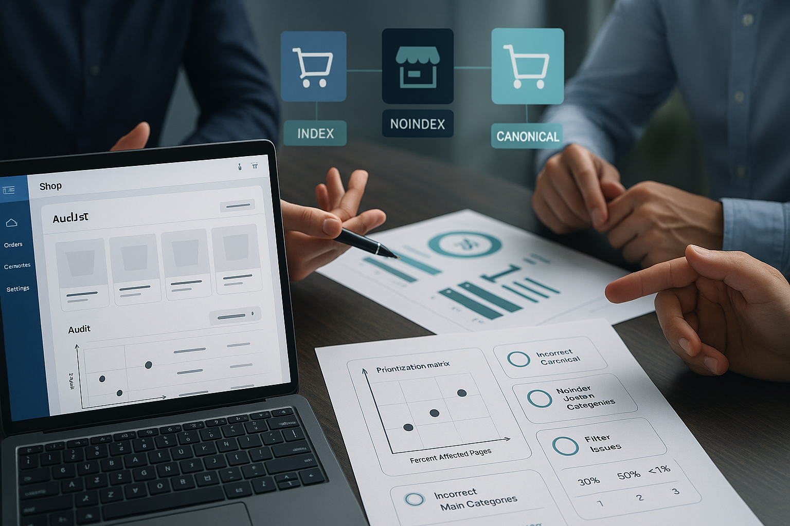 Team bei Analyse und Priorisierung technischer SEO-Probleme mit Dashboard, Metriken und Entscheidungsmatrizen auf Monitor und Whiteboard.