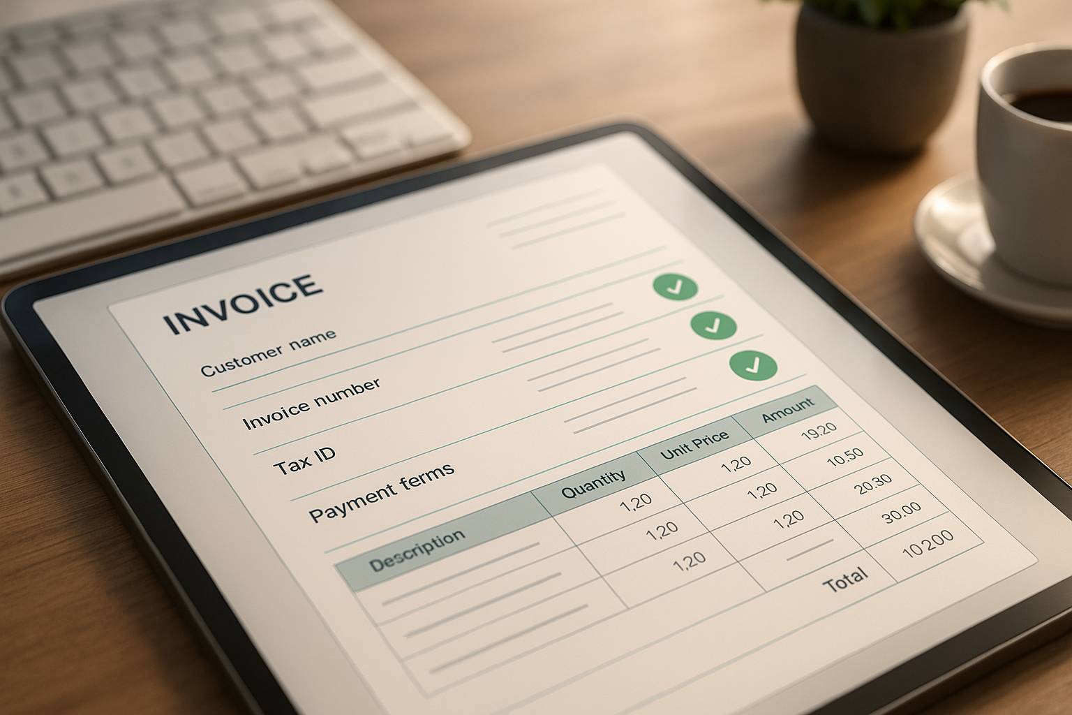 Detailansicht einer digitalen Rechnung auf Tablet-Bildschirm mit strukturierten Datenfeldern, grüne Häkchen symbolisieren erfolgreiche Validierung, unscharfer Hintergrund mit Büroumgebung, warmes natürliches Licht, professionelle Atmosphäre, keine sichtbaren Logos oder Markennamen, fotorealistischer Stil