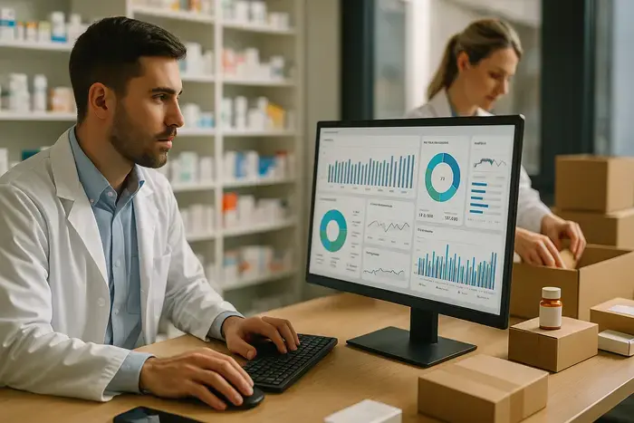 Apotheken-Team bei der Arbeit: Person am Computer prüft Bestandszahlen und Feed-Performance-Metriken, andere Person organisiert Versandpakete mit Medikamenten, Analytics und Tracking-Dashboards auf Monitor sichtbar