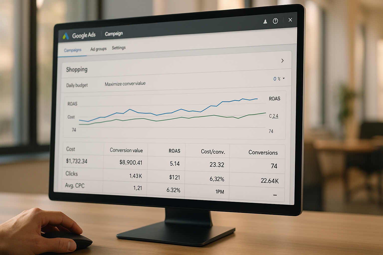 Nahaufnahme eines Bildschirms mit Google Ads Dashboard zeigt Budget-Einstellungen, Gebotsstrategien und Performance-Metriken für Shopping-Kampagnen, Hand auf Computermaus, modernes Büro im Hintergrund