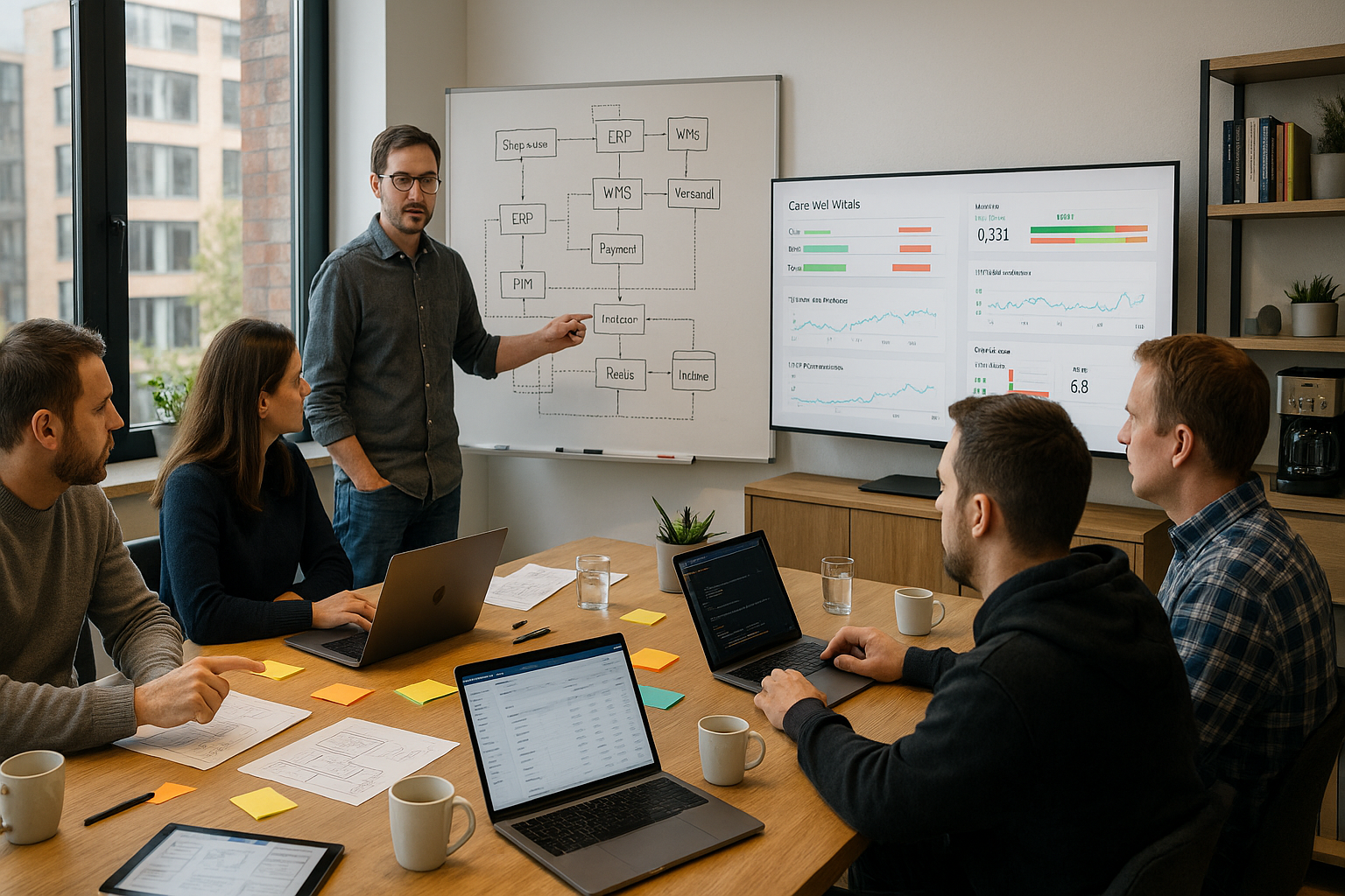 Workshop im Meetingraum: Team bespricht ERP-, WMS- und PIM-Prozesse am Whiteboard und betrachtet KPI-Daten auf einem großen Bildschirm.