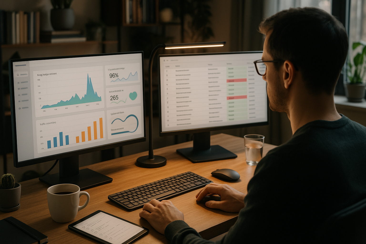 Mitarbeiter wertet SEO- und Performance-Kennzahlen auf zwei Monitoren mit Diagrammen und Tabellen in einem ruhigen Büro aus