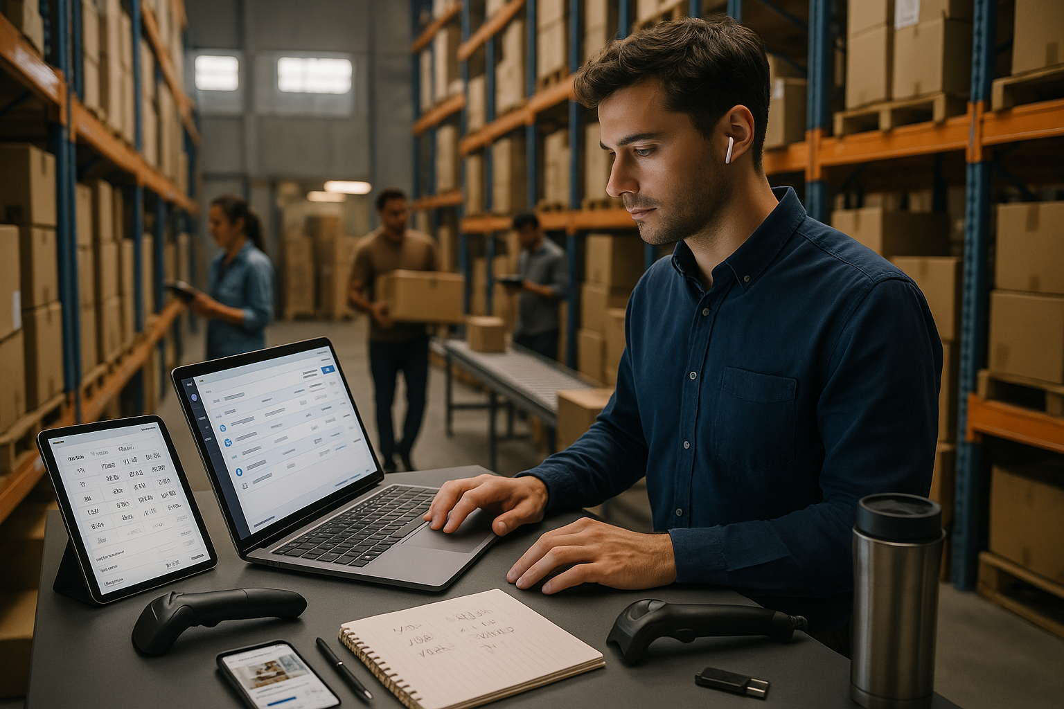 Logistikmitarbeiter im Lager prüft Bestände und Aufträge am Laptop und Tablet; im Hintergrund kommissionieren Mitarbeitende Kartons in den Regalen.