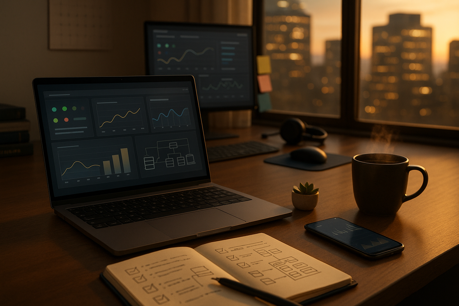 Laptop mit Analytics-Dashboard und Diagrammen auf einem Schreibtisch bei Sonnenuntergang, daneben Notizbuch und Kaffee.