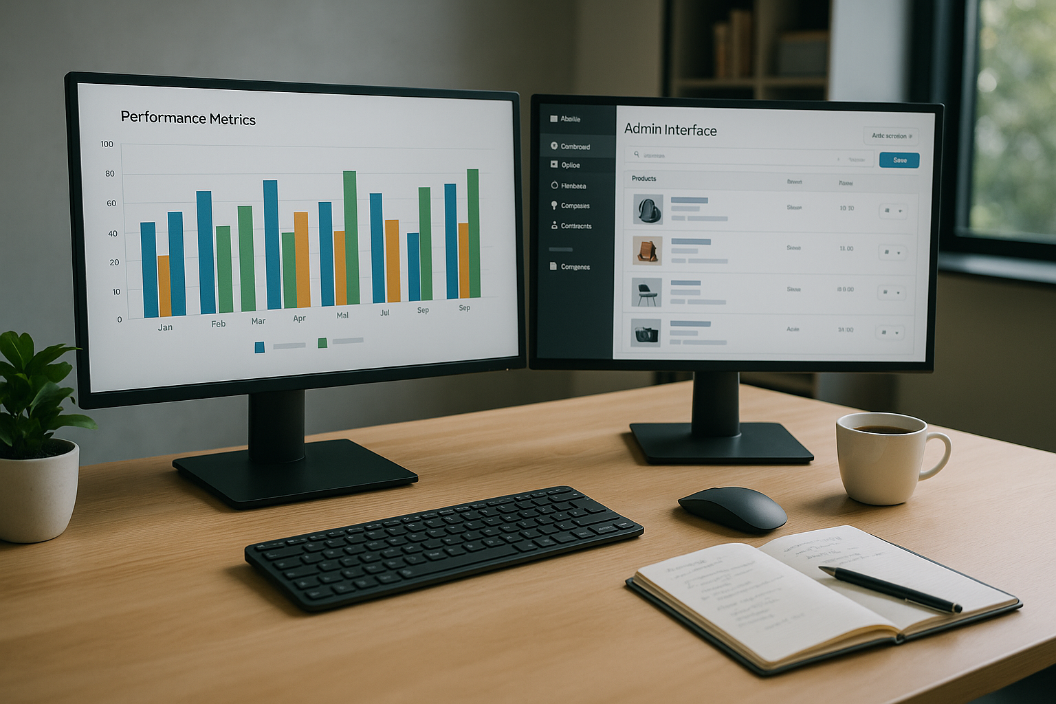 Zwei Monitore zeigen Performance-Metriken als Balkendiagramm und ein Admin-Interface zur Produktverwaltung auf einem Schreibtisch.