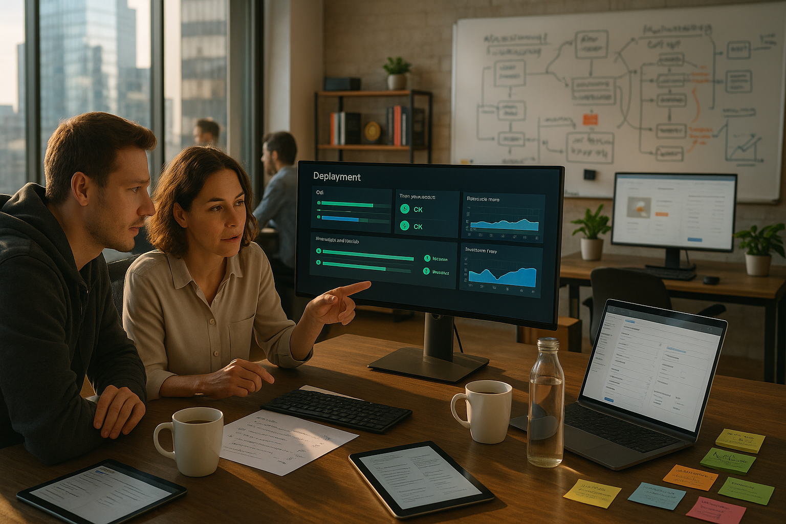 Zwei Teammitglieder analysieren ein Deployment-Dashboard am Monitor; auf dem Tisch stehen Laptop, Tablet, Notizen und Kaffeetassen, im Hintergrund ein Whiteboard mit Prozessskizze.