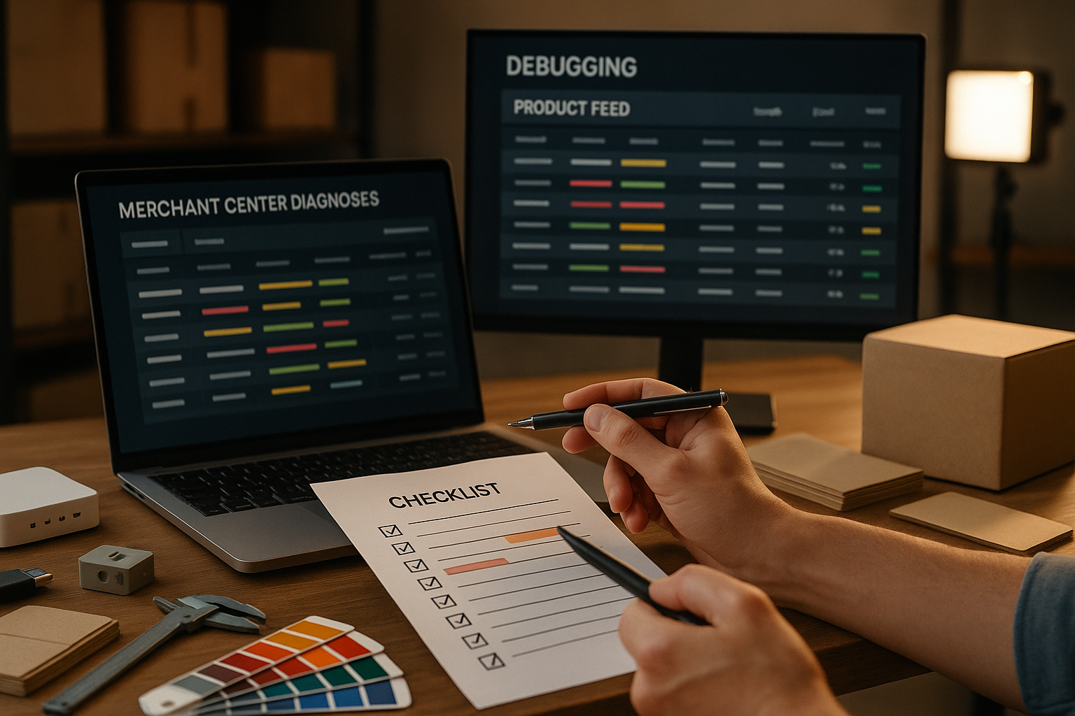 Nahaufnahme eines Laptops mit Tabellenansicht eines Produktfeeds und Diagnose-Symbolen, daneben eine abgehakte Checkliste und Versandetiketten auf dem Schreibtisch