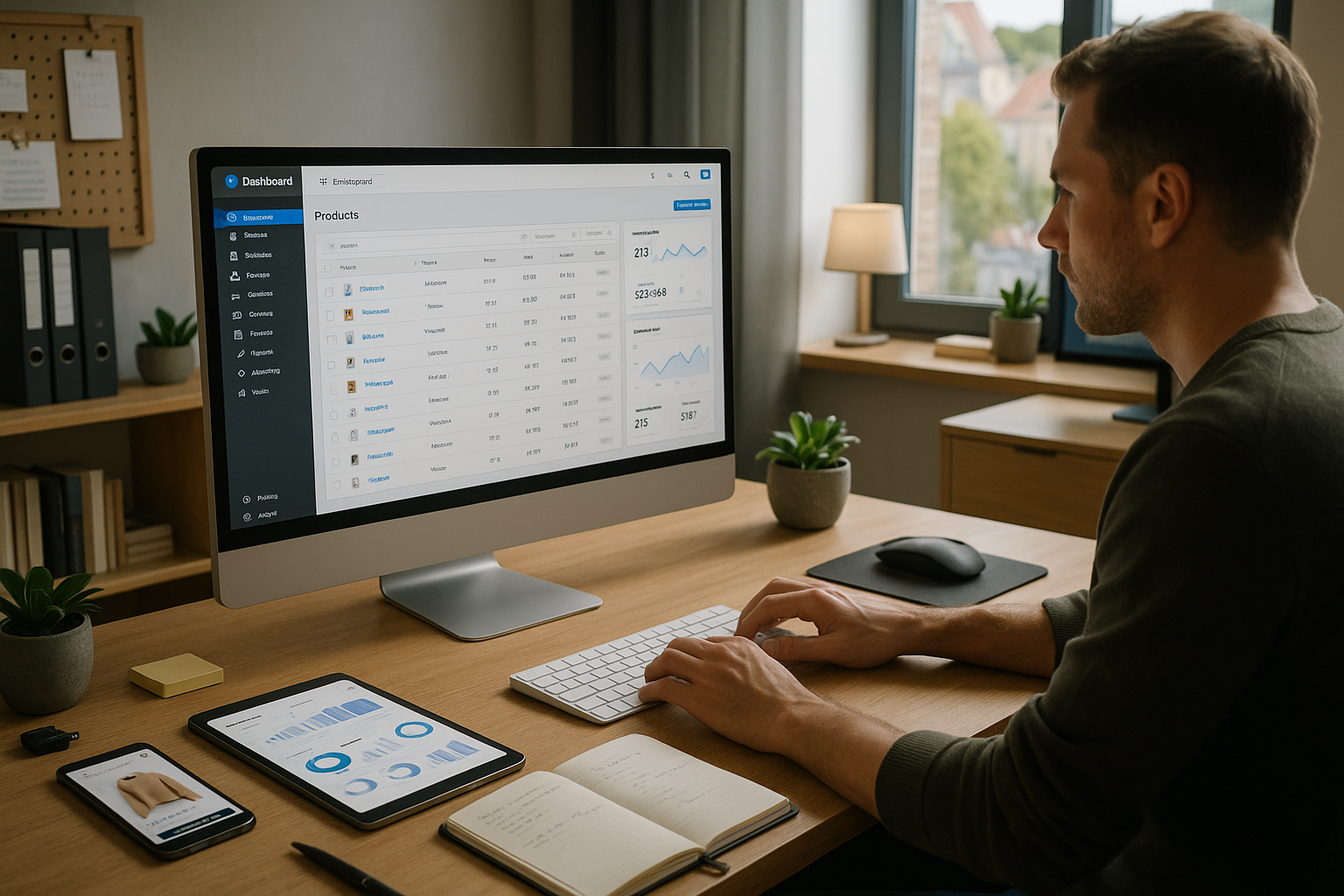Mitarbeiter arbeitet am Schreibtisch an einem Dashboard zur Produktverwaltung mit Kennzahlen und Diagrammen auf dem Monitor.