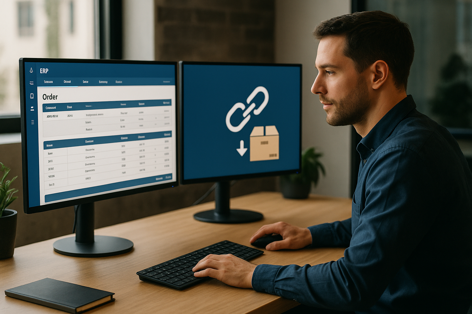 Mitarbeiter arbeitet am Desktop mit ERP-Bestellübersicht; zweiter Monitor zeigt Symbol für Schnittstellen-/Systemverknüpfung.