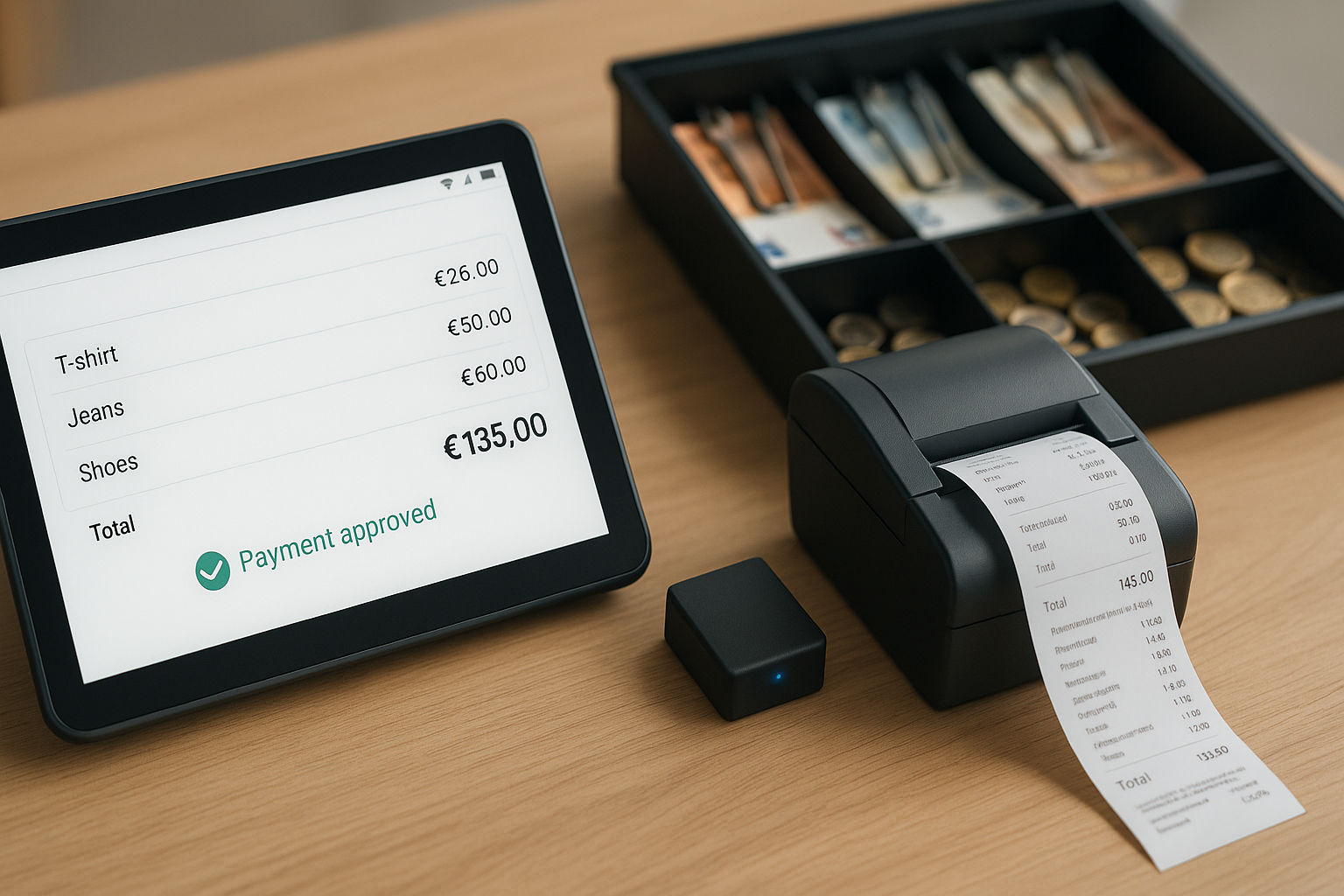Detailansicht eines Kassenvorgangs mit Bondrucker, TSE-Einheit und digitalem Tagesabschluss auf modernem Tablet in professionellem Kassenplatz-Setup