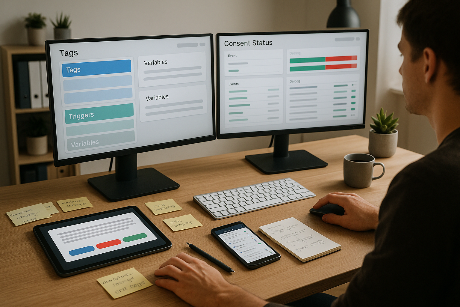 Mitarbeiter überwacht ein Consent-Management-Dashboard auf zwei Monitoren; auf dem Schreibtisch liegen Tablet, Smartphone, Notizen und Kaffeetasse.