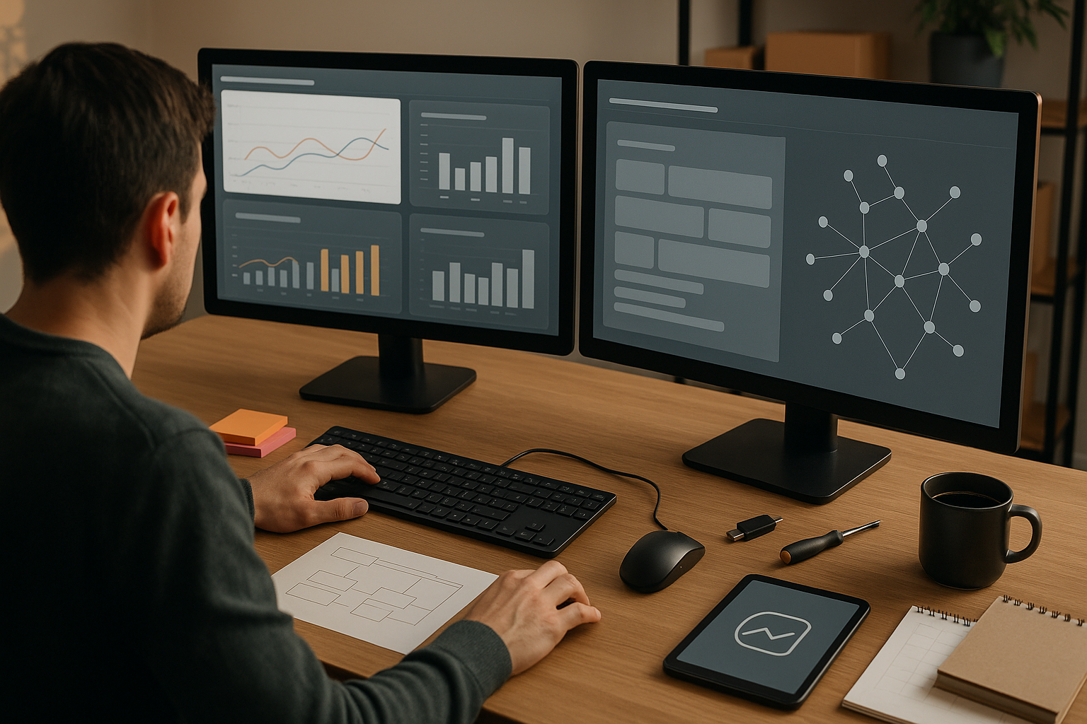 Person am Schreibtisch analysiert Diagramme und einen Linkgraph auf zwei Monitoren, mit Notizen, Ausdrucken und QA-Tools in moderner Office-Umgebung