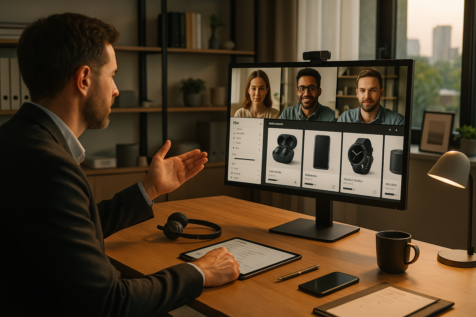 Beratung per Video-Meeting: Mitarbeiter spricht mit Teilnehmenden auf dem Bildschirm und zeigt eine Produktübersicht im Shop-Interface, am Tisch liegen Tablet und Notizen.