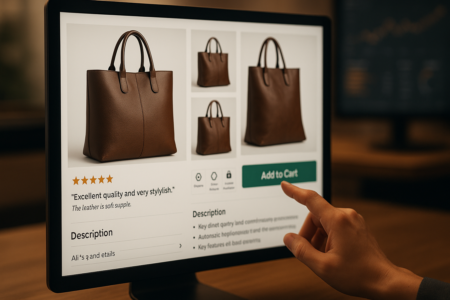 Produktdetailseite mit optimiertem Layout, zielgruppenbezogenem Text, mehreren Produktfotos aus verschiedenen Winkeln, prominenten Kundenbewertungen und vertrauensweckenden Elementen