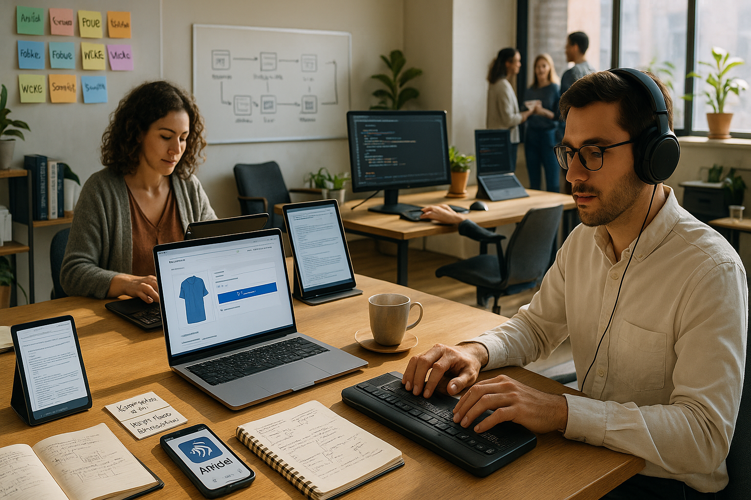 Marketing- und E-Commerce-Team arbeitet gemeinsam an Laptops und Tablets in einem modernen Agenturbüro