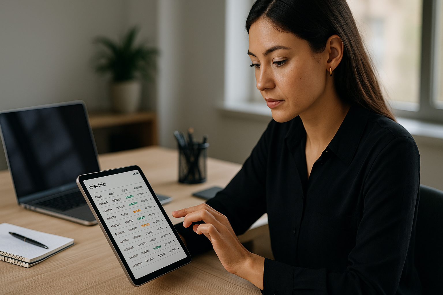 Mitarbeiterin im Customer Service oder Backoffice nutzt Tablet zur mobilen Auftragsprüfung, sitzt an aufgeräumtem Arbeitsplatz, im Hintergrund Laptop und Notizen, natürliches Licht schafft klare freundliche Atmosphäre, Fokus auf Dokumentation und Prozessoptimierung