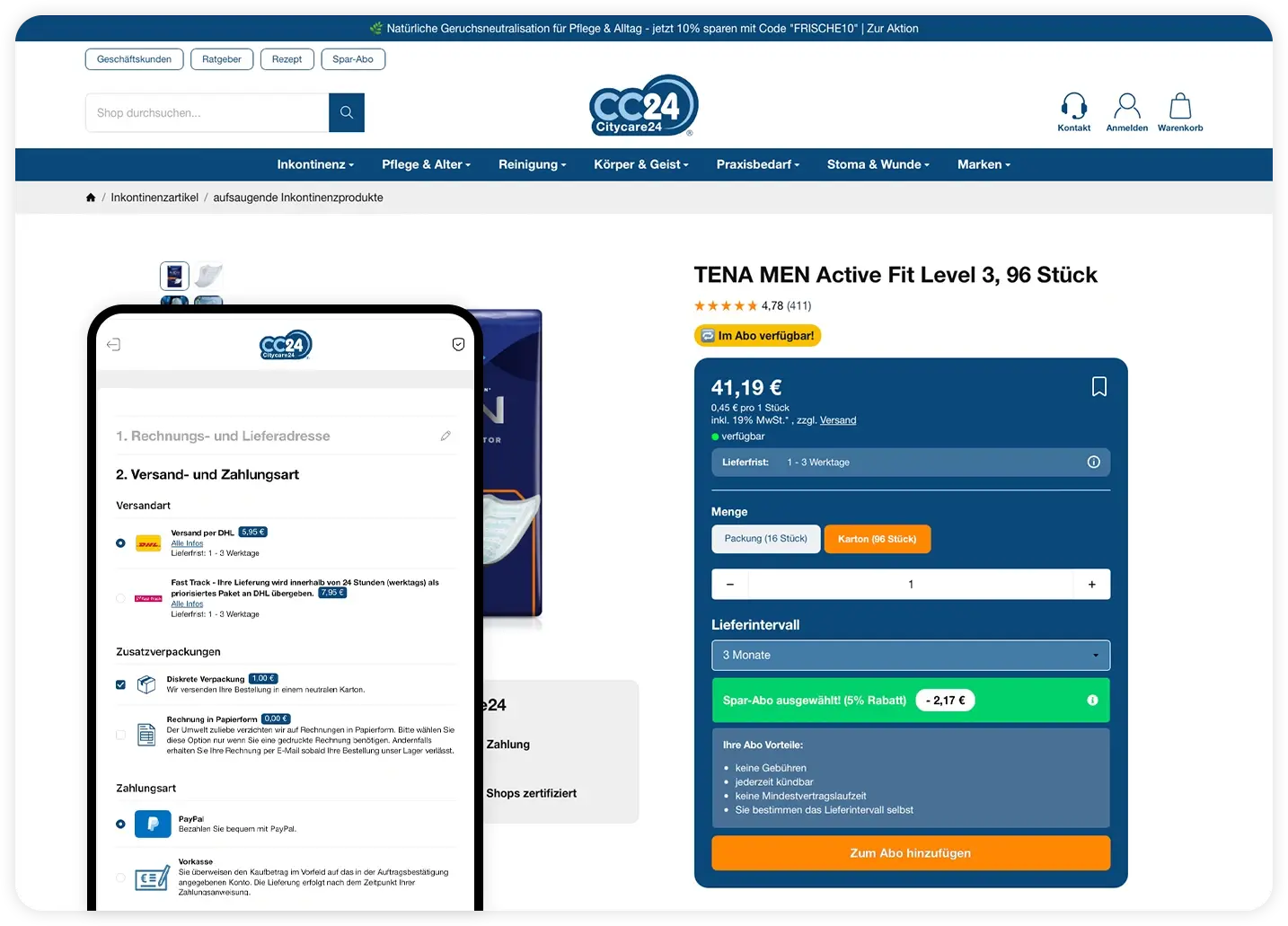 Ansicht des Sparabos und der Möglichkeit des diskreten Versands bei Citycare24