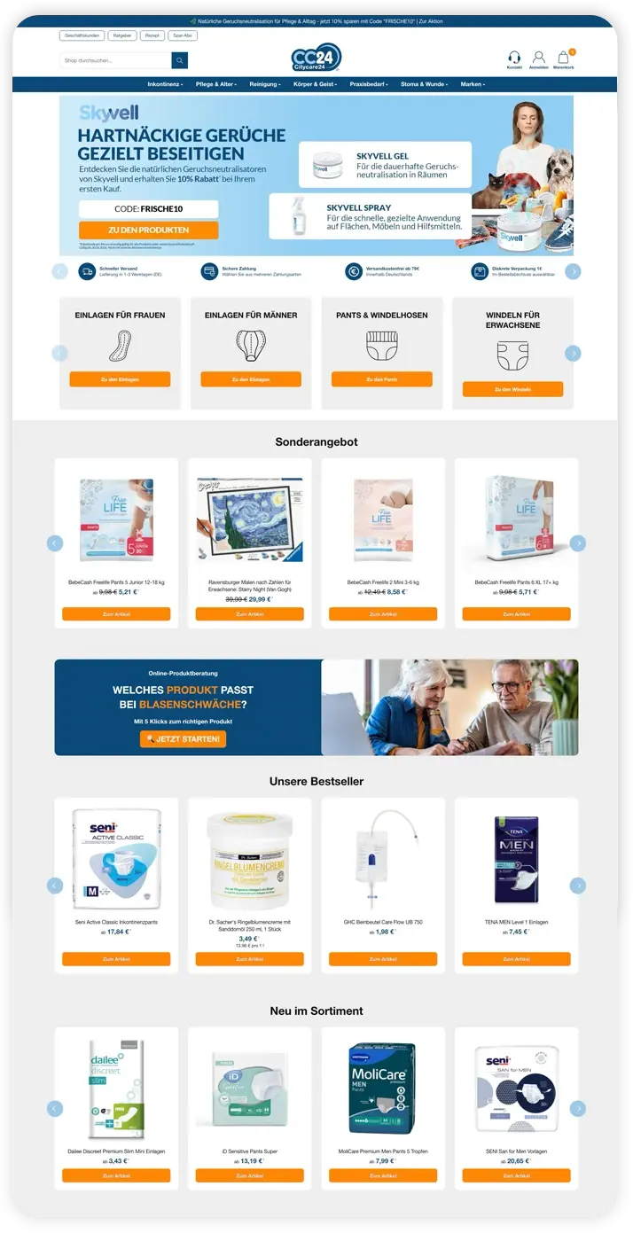 Die Startseite des Citycare24 Webshops
