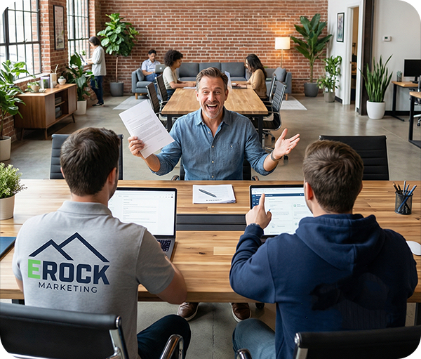 Beratungsgespräch zwischen drei Personen in einem großen Office 