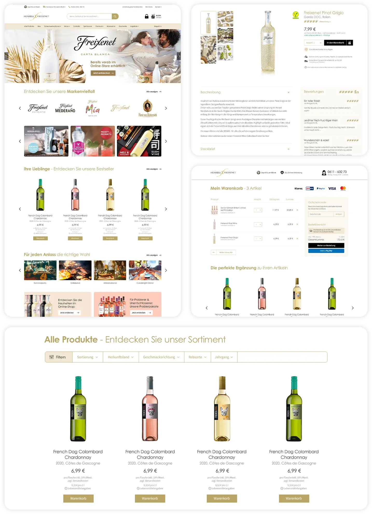 Darstellung der Startseite, Artikelseite, Warenkorb und Kategorie im Freixenet Onlineshop