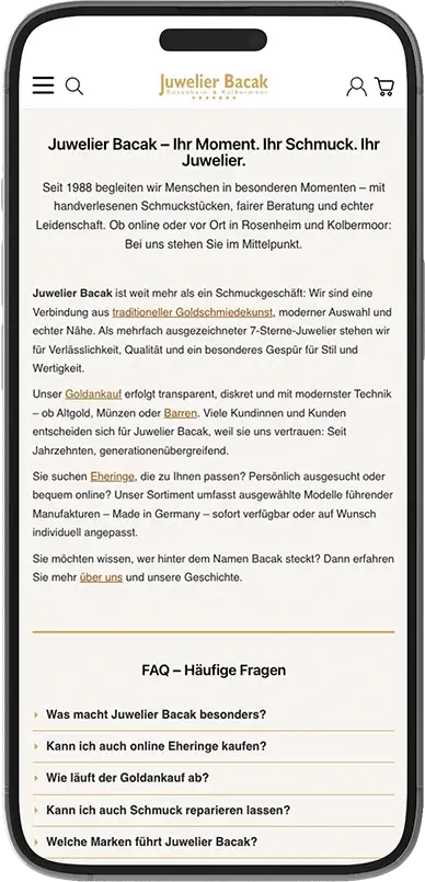Darstellung des FAQ-Bereichs im Juwelier Bacak Webshop Darstellung des FAQ-Bereichs im Juwelier Bacak Webshop