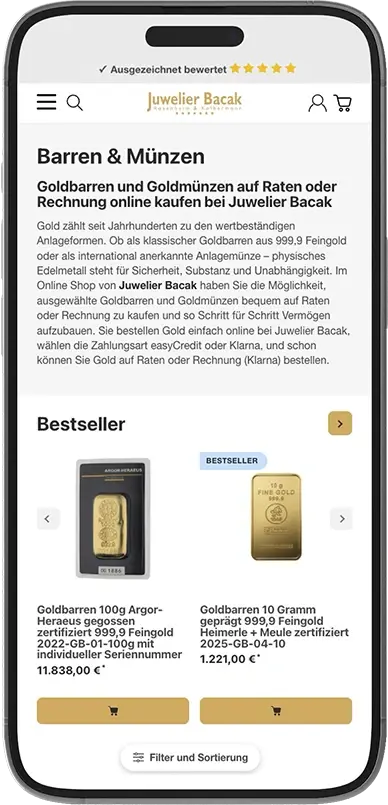 Darstellung der Gold-Kategorie des Juwelier Bacak Webshops auf einem Smartphone Darstellung der Gold-Kategorie des Juwelier Bacak Webshops auf einem Smartphone
