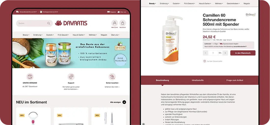 Darstellung des Davartis Webshops in der Desktop- & Mobil-Ansicht Darstellung des Davartis Webshops in der Desktop- & Mobil-Ansicht