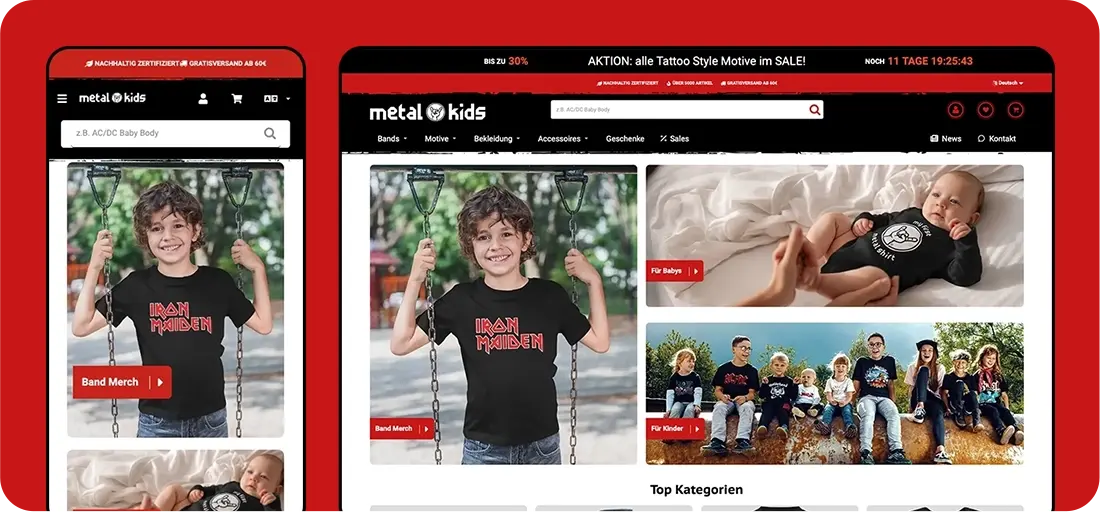 Darstellung des Metal Kids Webshops in der Desktop- & Mobil-Ansicht