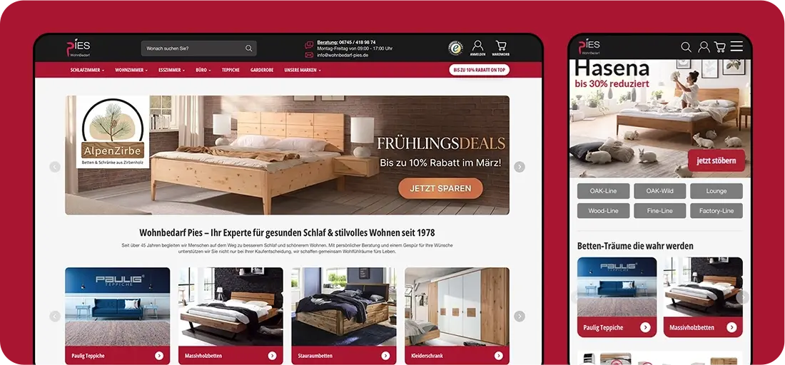 Darstellung des Wohnbedarf Pies Webshops in der Desktop- & Mobil-Ansicht