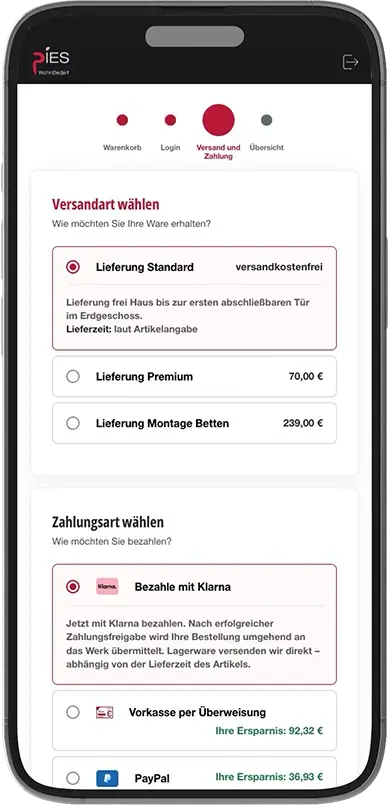 Darstellung des Quick-Checkouts im Wohnbedarf Pies Webshop Darstellung des Quick-Checkouts im Wohnbedarf Pies Webshop