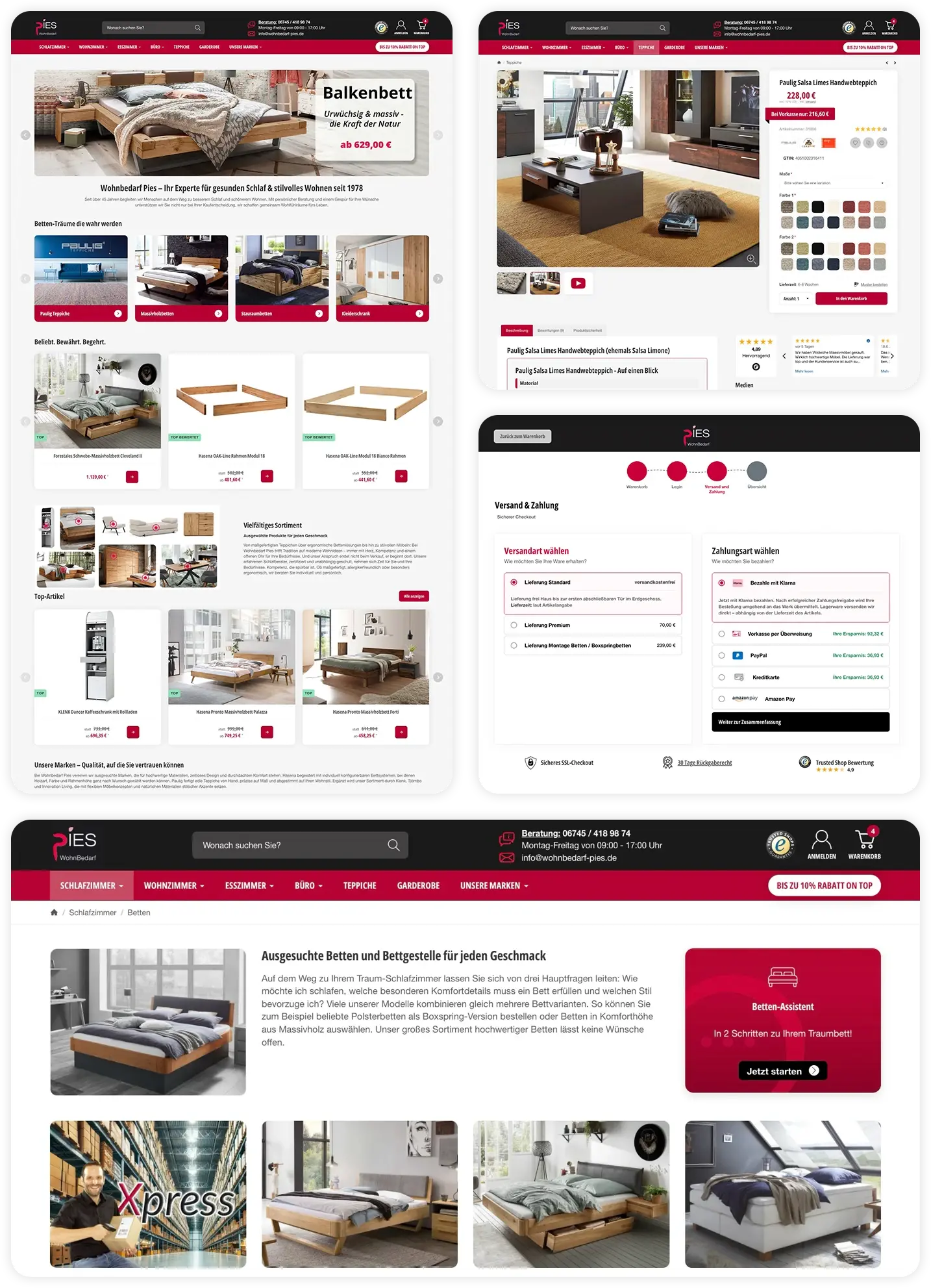 Ansicht der Startseite, der Artikelseite, dem Quickcheckout und der kategorie-Übersicht im Wohnbedarf Pies Webshop Ansicht der Startseite, der Artikelseite, dem Quickcheckout und der kategorie-Übersicht im Wohnbedarf Pies Webshop